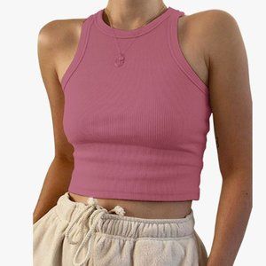 Women’s Ribbed Crew Neck Crop Top Racerback Tank